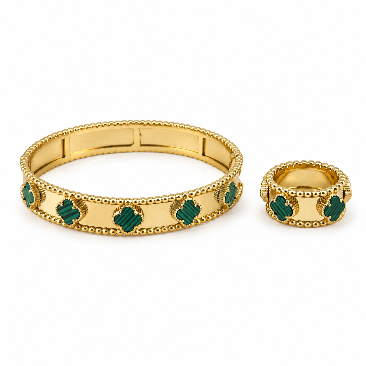 Gold & Green Clover Bracelet & Ring Set – Lucky Charm Jewelry Duo