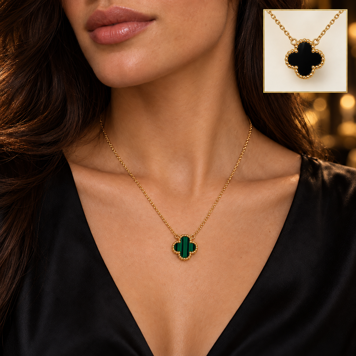 S.steel Green & black Clover Charm Necklace(2 faces)