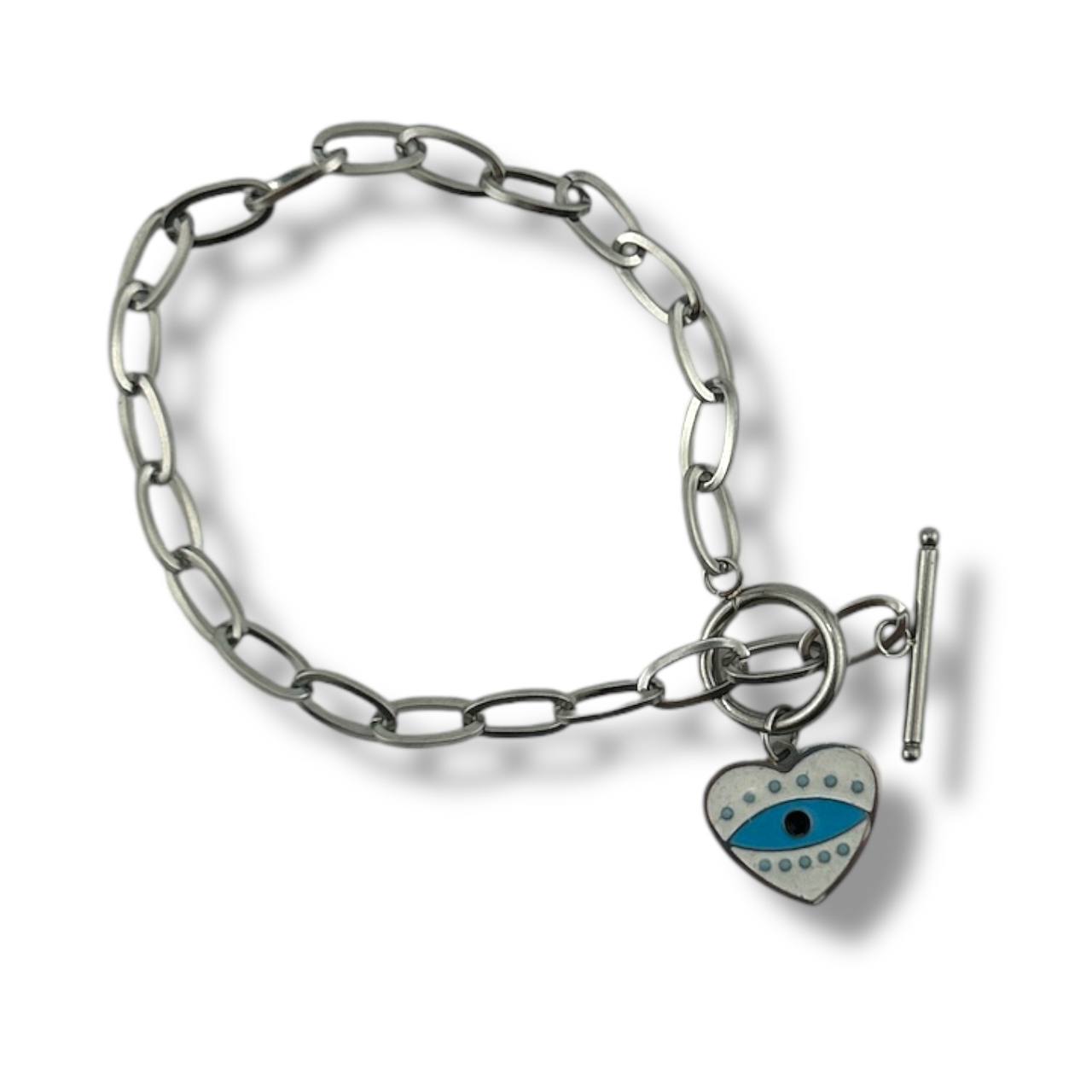 Silver Heart Charm Bracelet – Evil Eye Edition