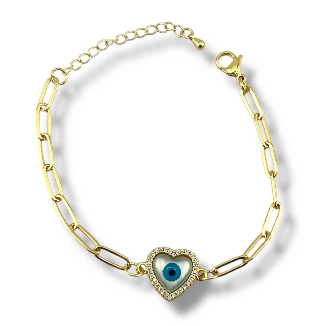Heart Evil Eye Paperclip Bracelet – Gold