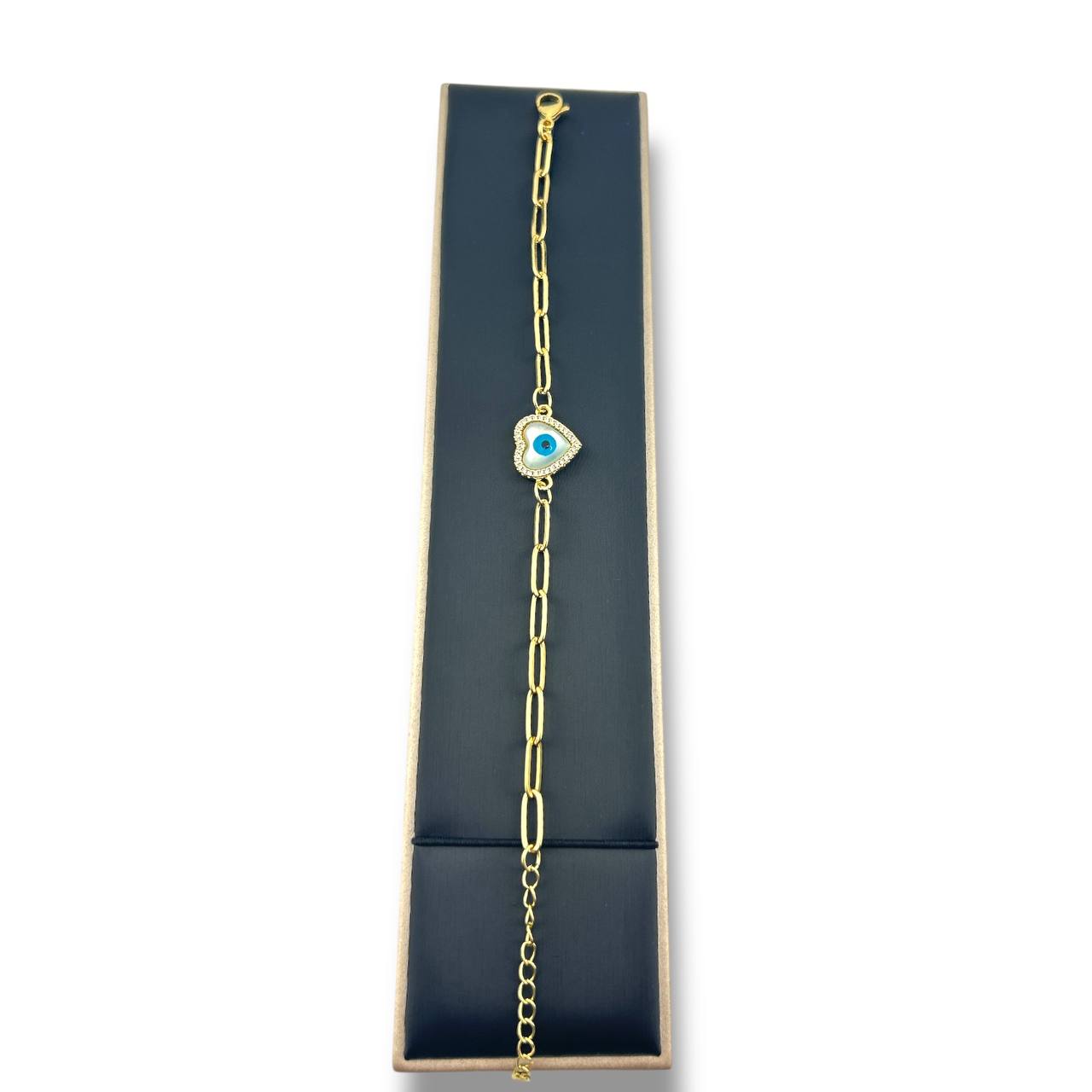 Heart Evil Eye Paperclip Bracelet – Gold