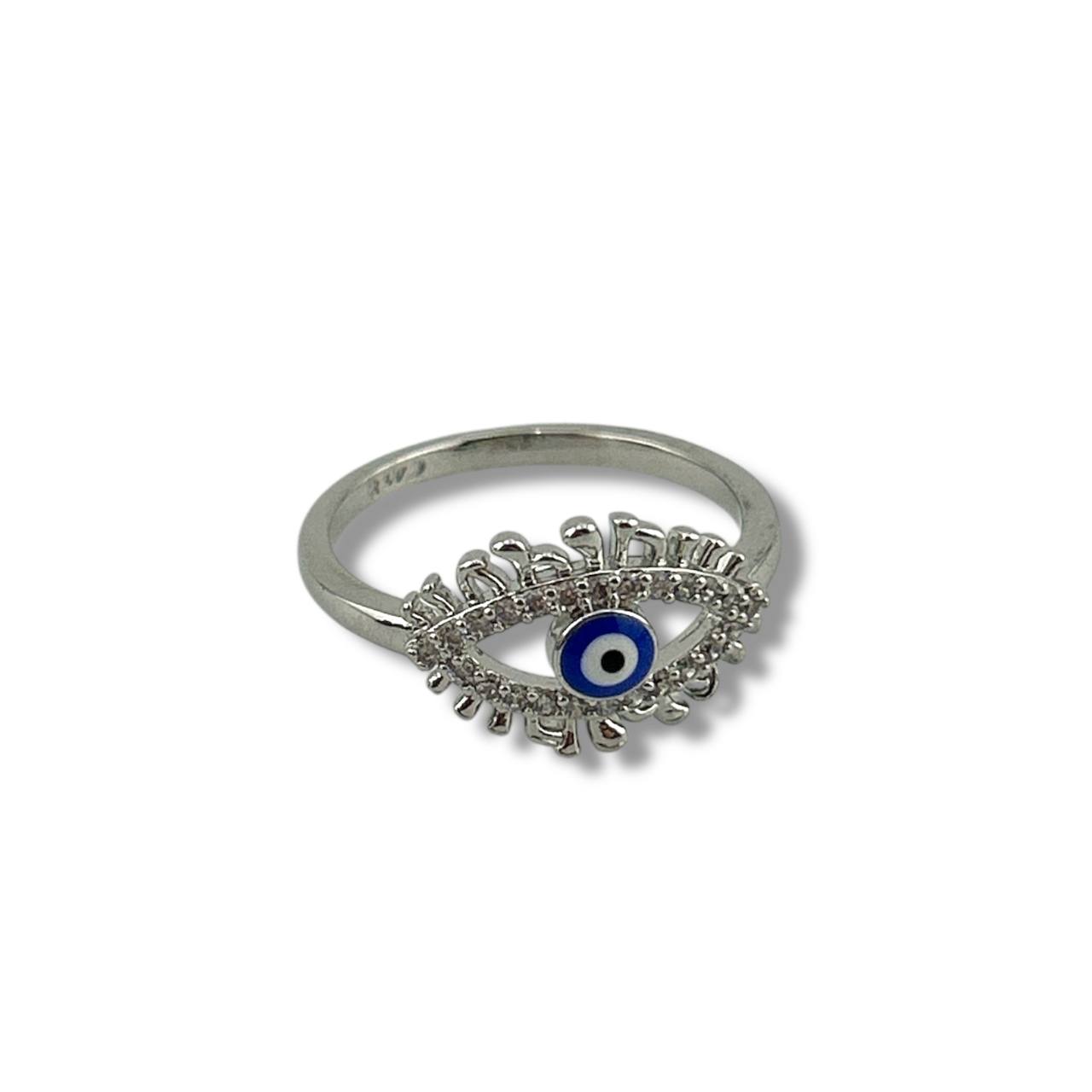 👁 Silver Sparkle Evil Eye Ring – Dark Blue
