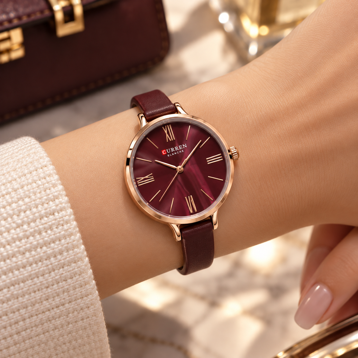 Leather Curren Burgundy & Rose Gold-Tone Watch(woman)