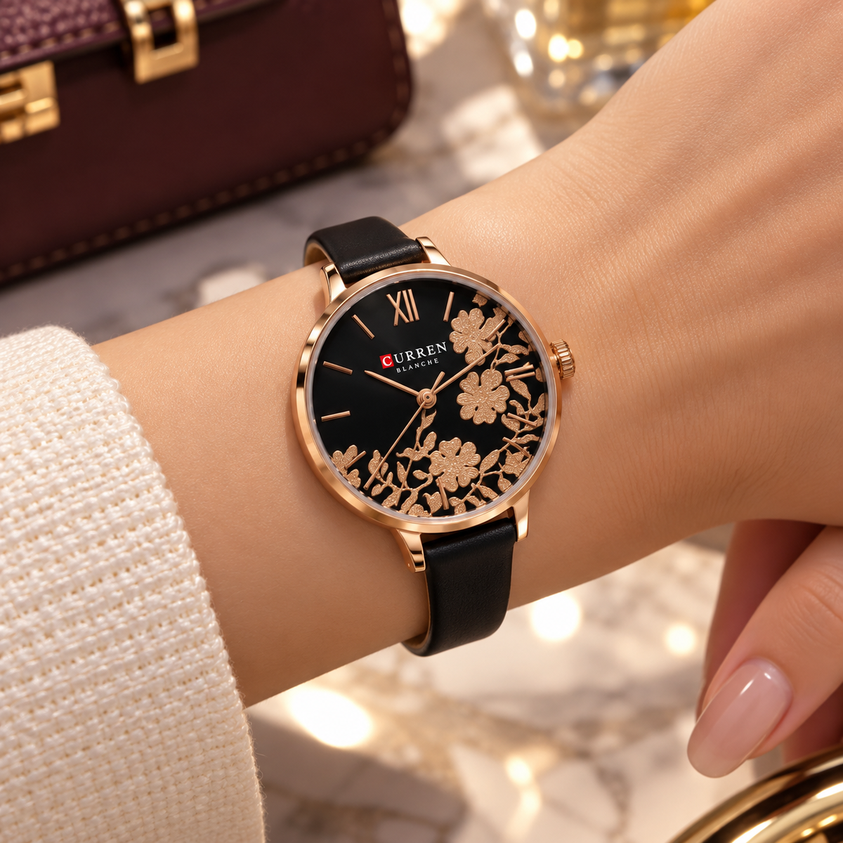 Leather Curren Floral Dial Watch(woman)