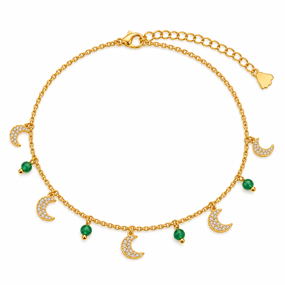 Green Bead & Crescent Moon Anklet