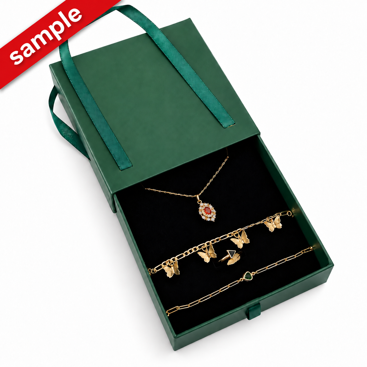 Poshewix Mystery Box sample: pendant necklace, butterfly bracelet, ring and chain bracelet (example contents)