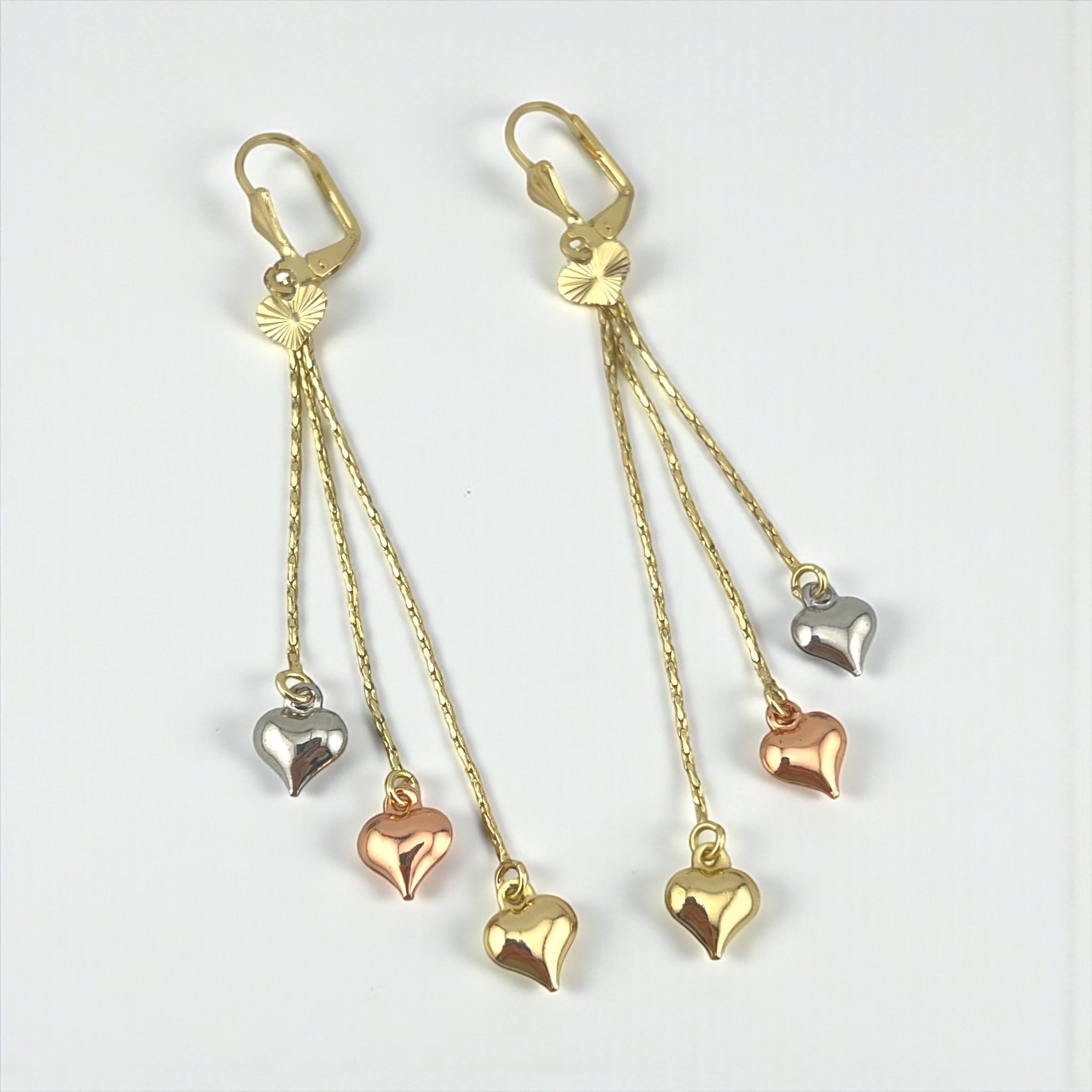 💖 Triple Heart Drop Earrings – Gold, Silver & Rose Gold Plated