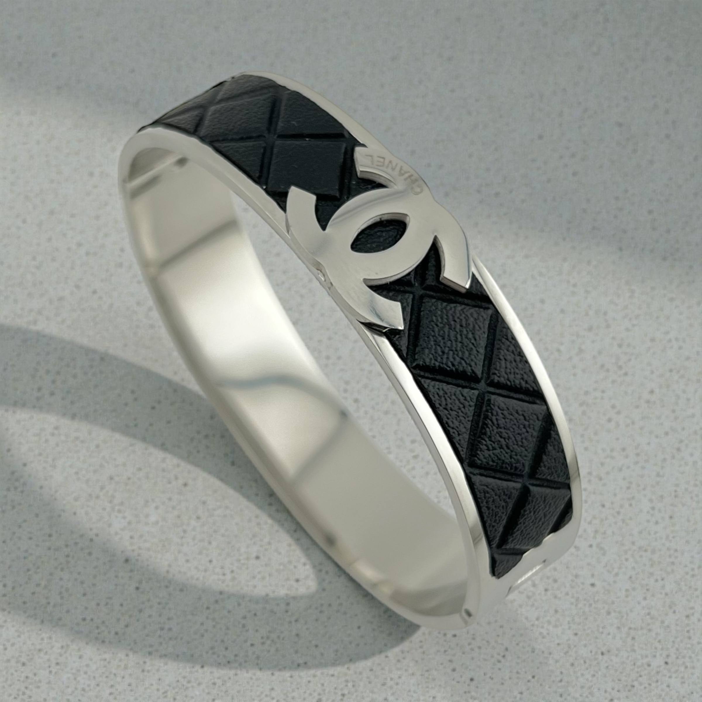 Chanel-Inspired Silver & Black Quilted Bangle | Timeless Elegance