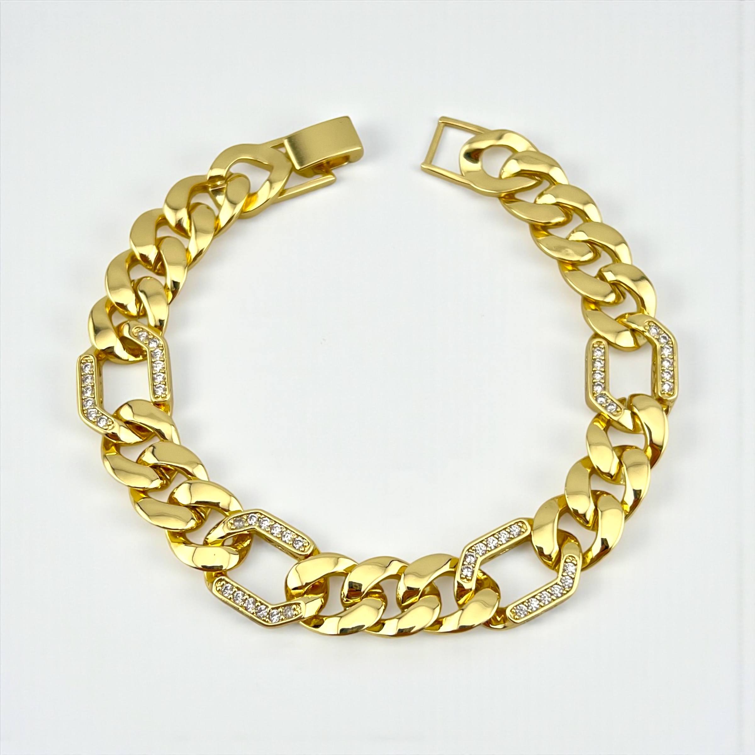 Gold-plated Cuban Link chain Bracelet with Crystal-Accented Links