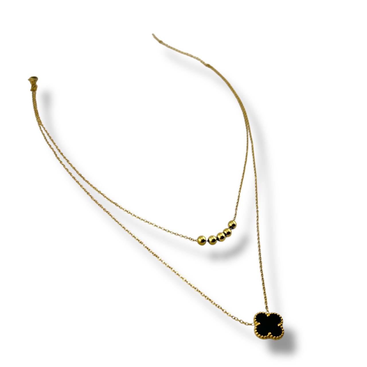 Layered Green Clover & Gold Beads Necklace