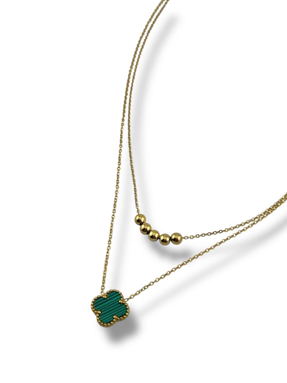 Layered Green Clover & Gold Beads Necklace