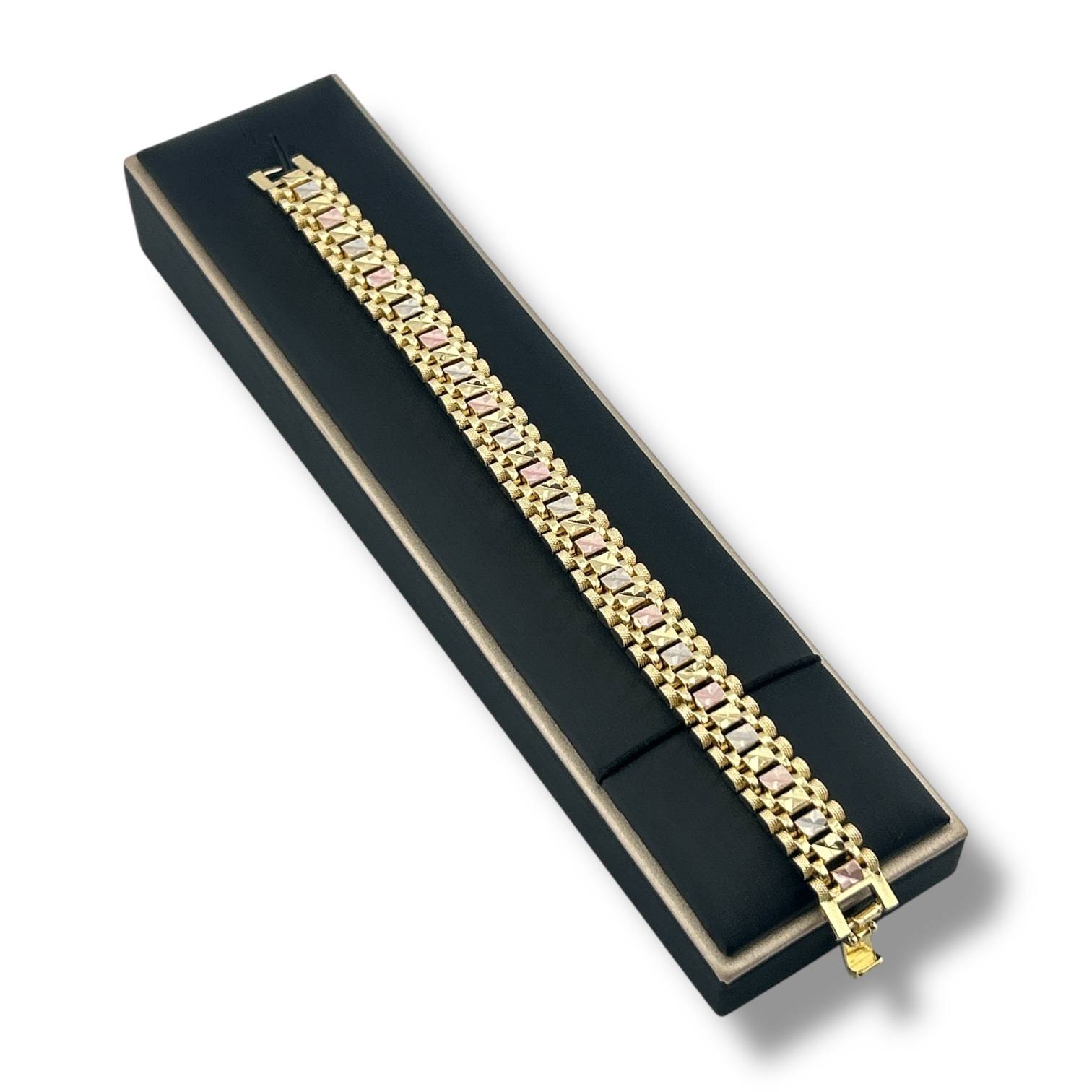 Tri-Color Geometric Link Bracelet – Elegant & Bold