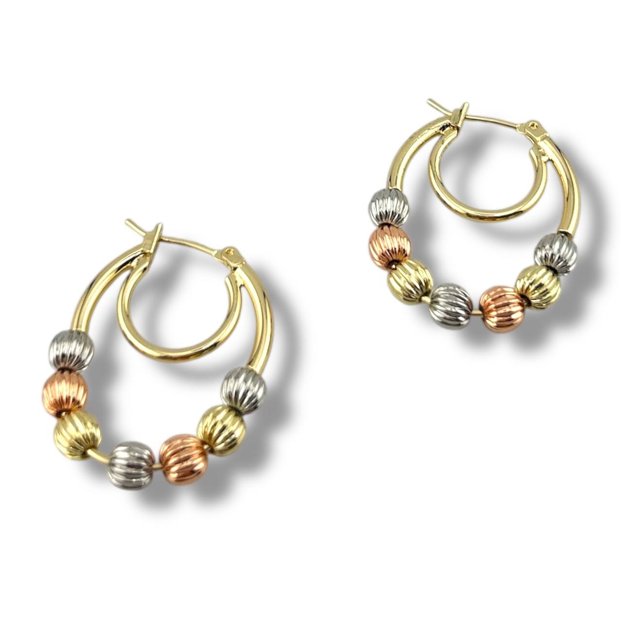 ✨ Multi-Tone Beaded Hoop Earrings – Gold, Silver & Rose Gold Plated
