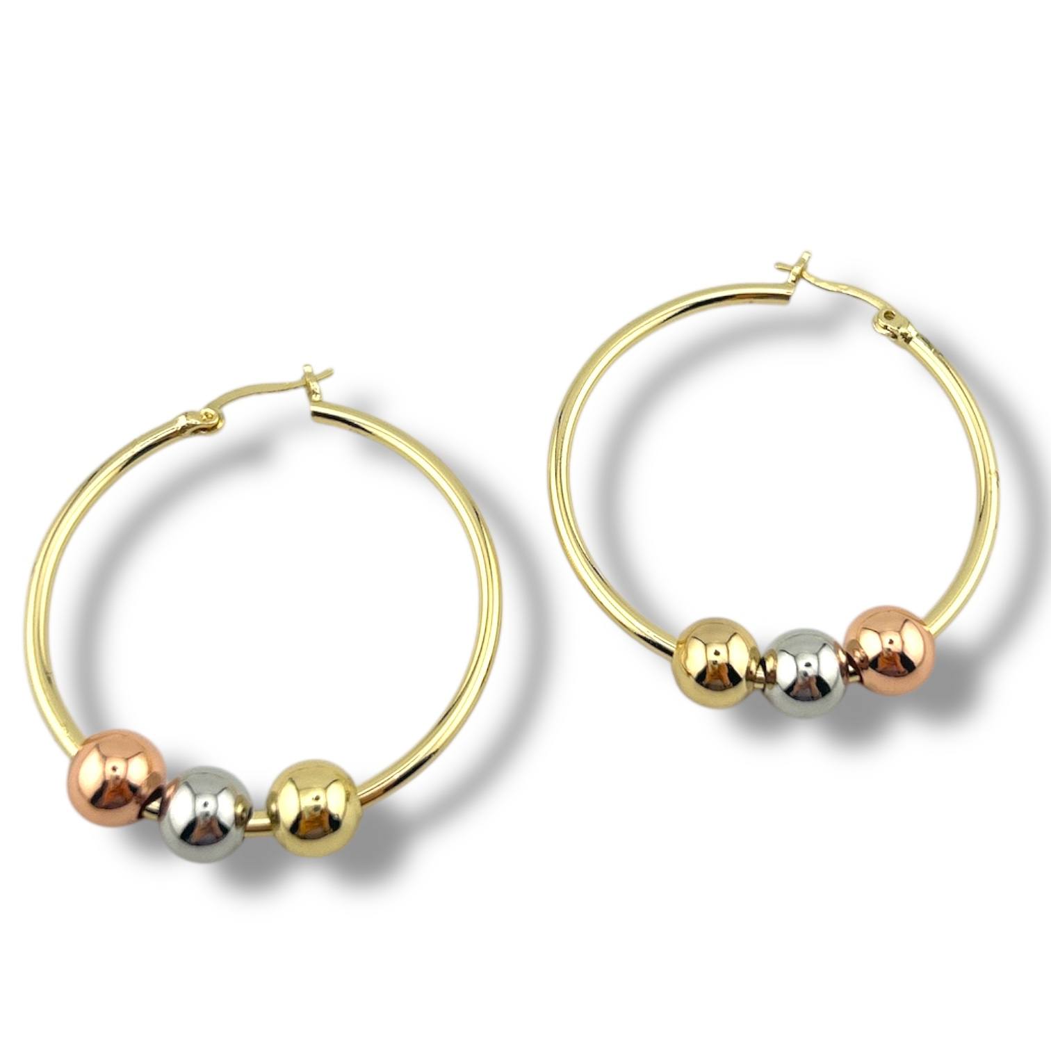 Sleek Multi-Tone Bead Hoop Earrings – Gold, Silver & Rose Gold Plated