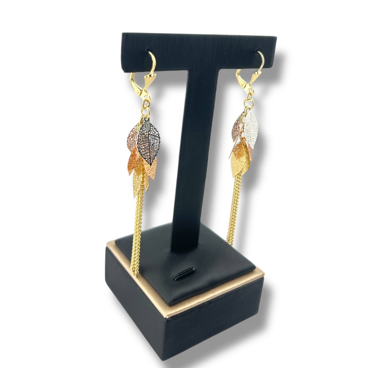 Multi-Tone Leaf Drop Earrings – Gold, Silver & Rose Gold Plated