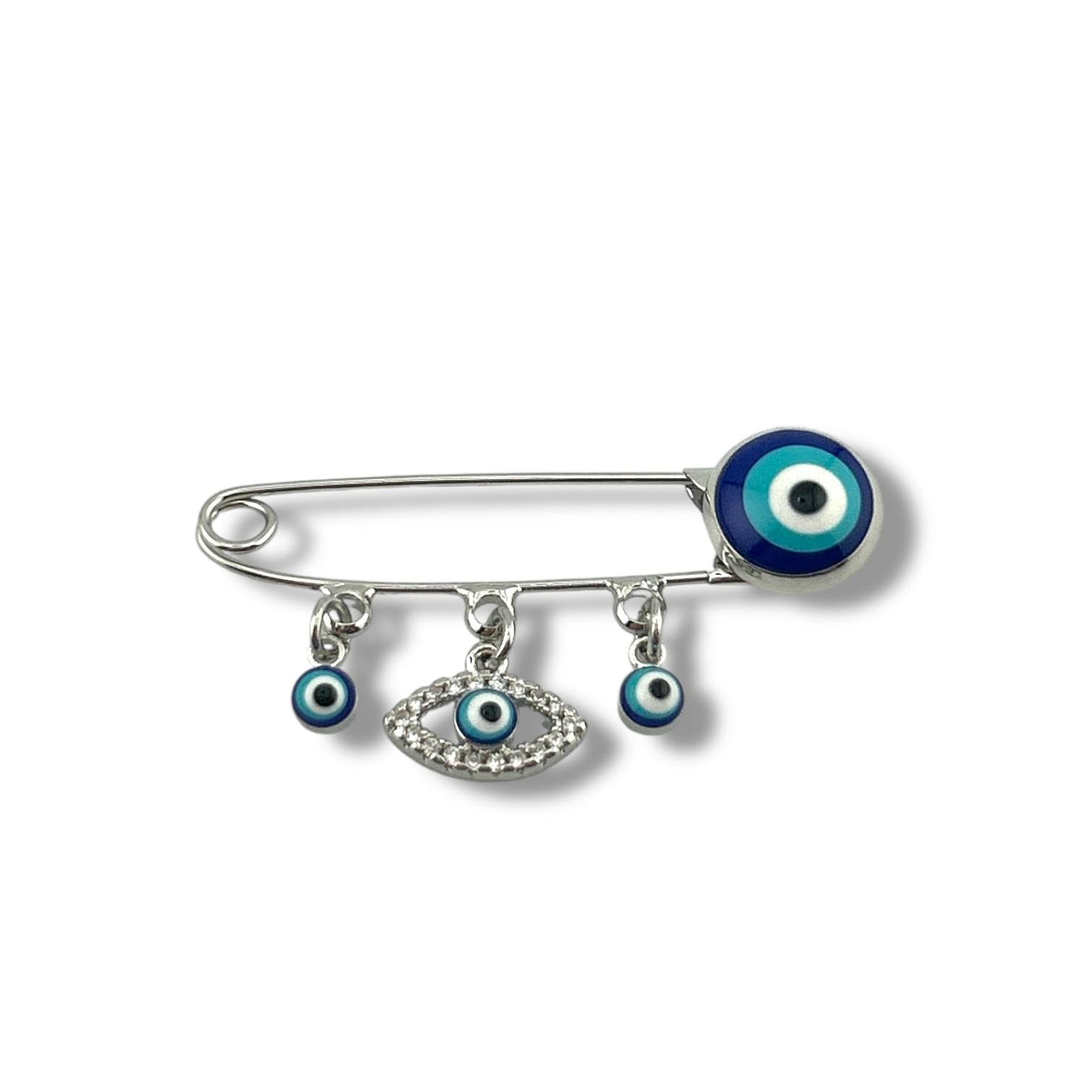 💙 Evil Eye & Crystal Charm Safety Pin – Silver-Tone Protection