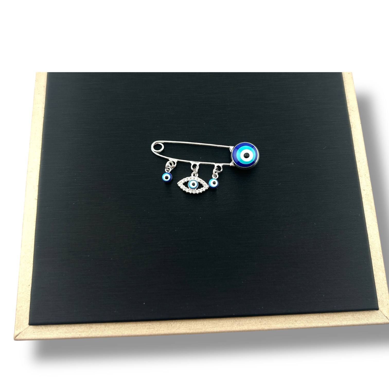 💙 Evil Eye & Crystal Charm Safety Pin – Silver-Tone Protection