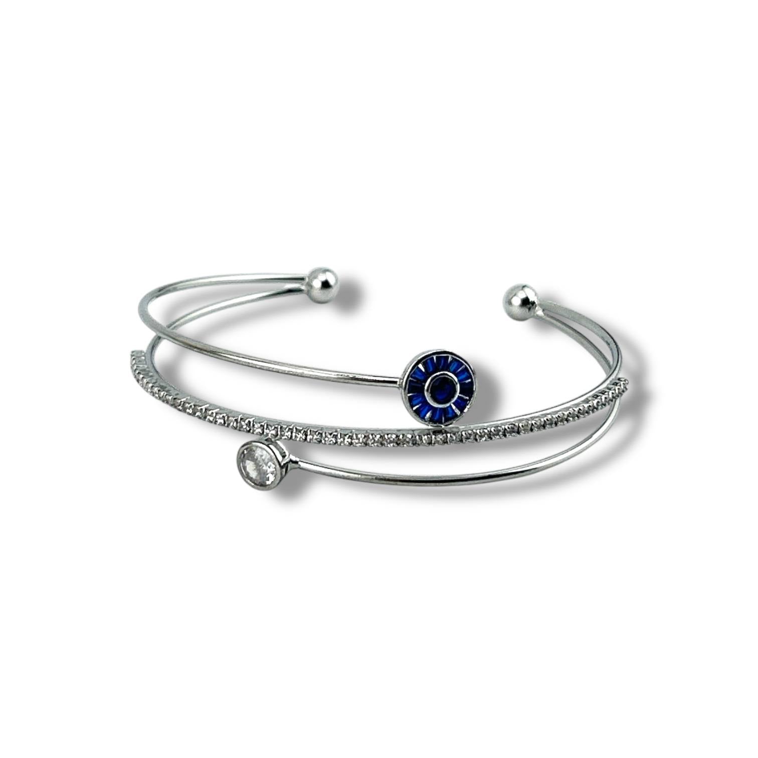 Silver Double-Band Bracelet – Blue Evil Eye & Crystal Charm 💙✨