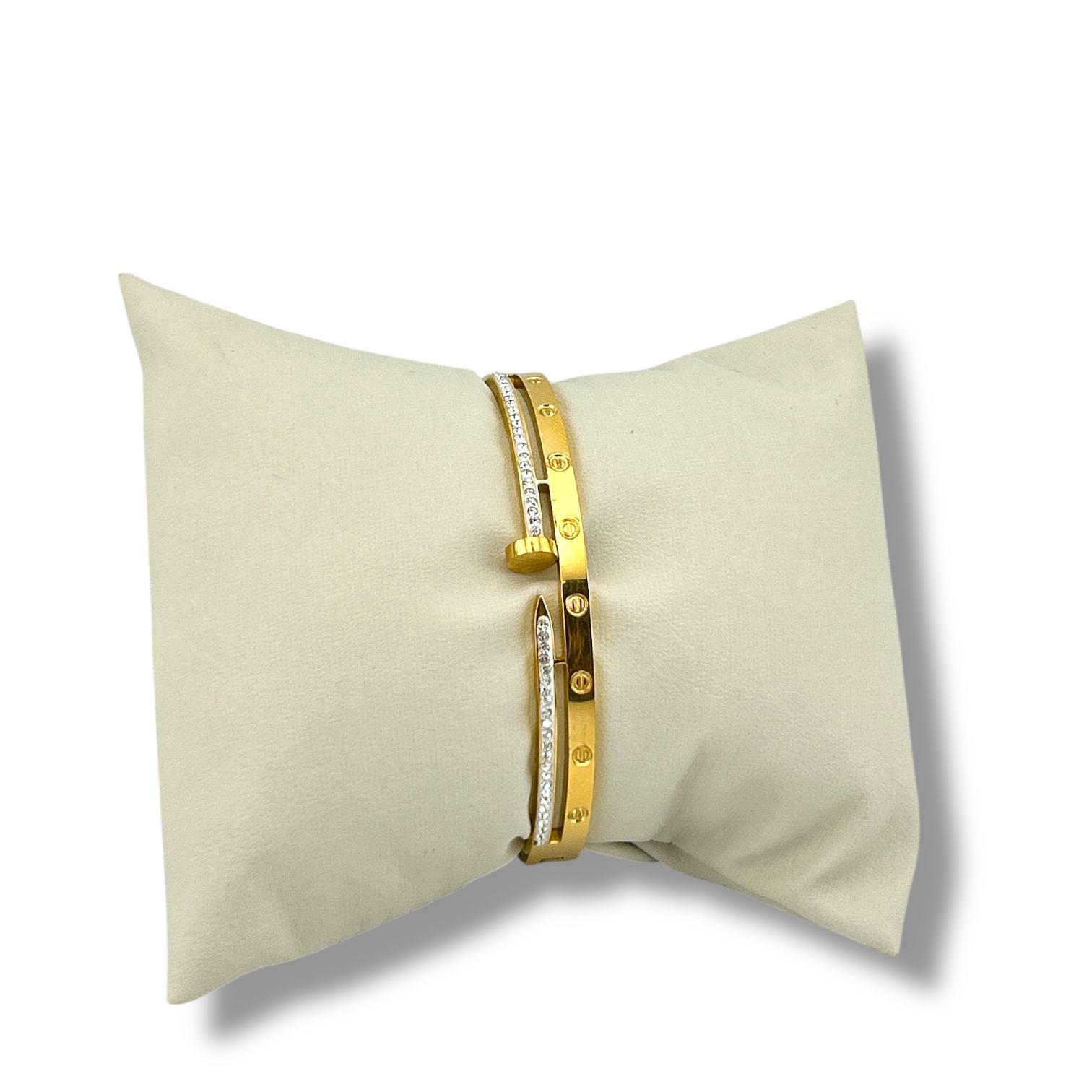 Dual-Tone Gold & Silver Crystal Bangle – Elegant Screw Motif Design