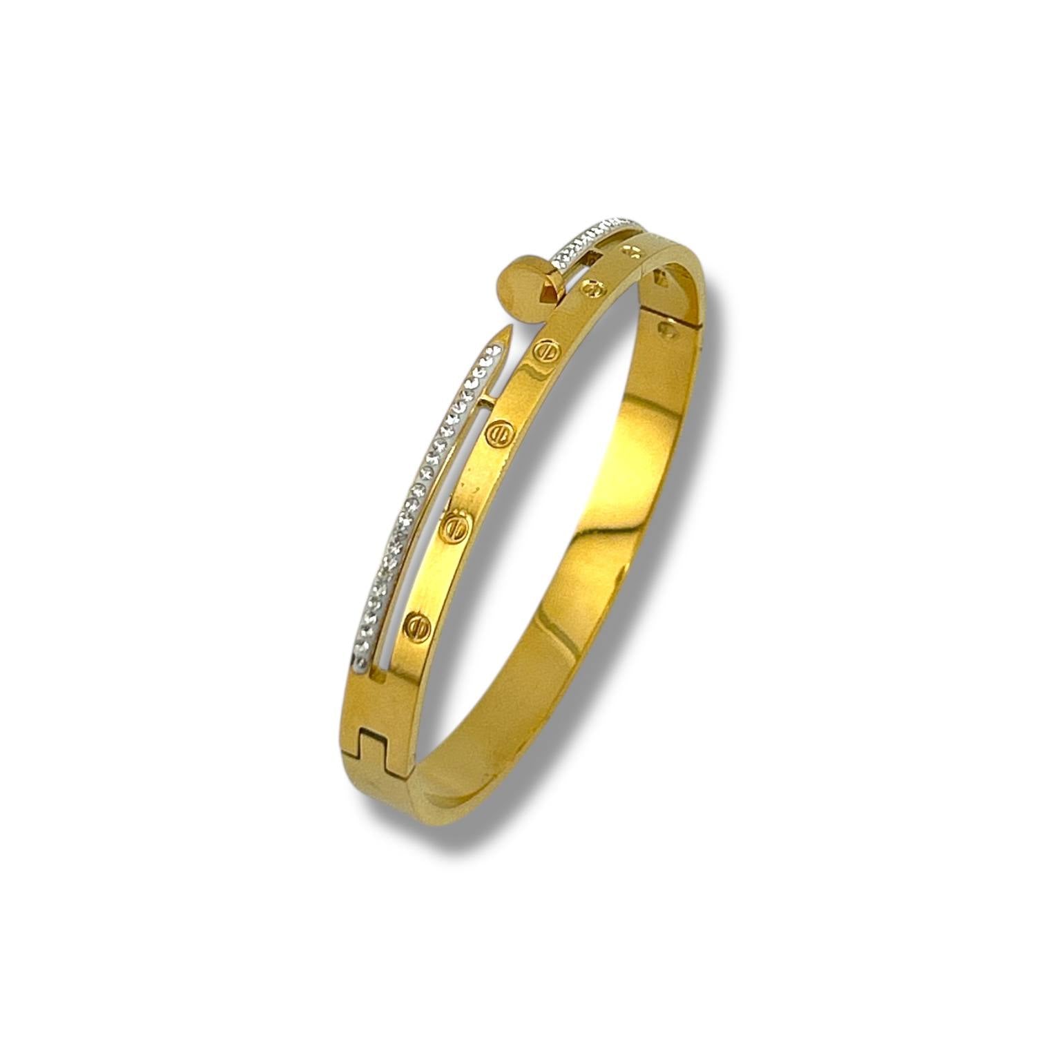 Dual-Tone Gold & Silver Crystal Bangle – Elegant Screw Motif Design