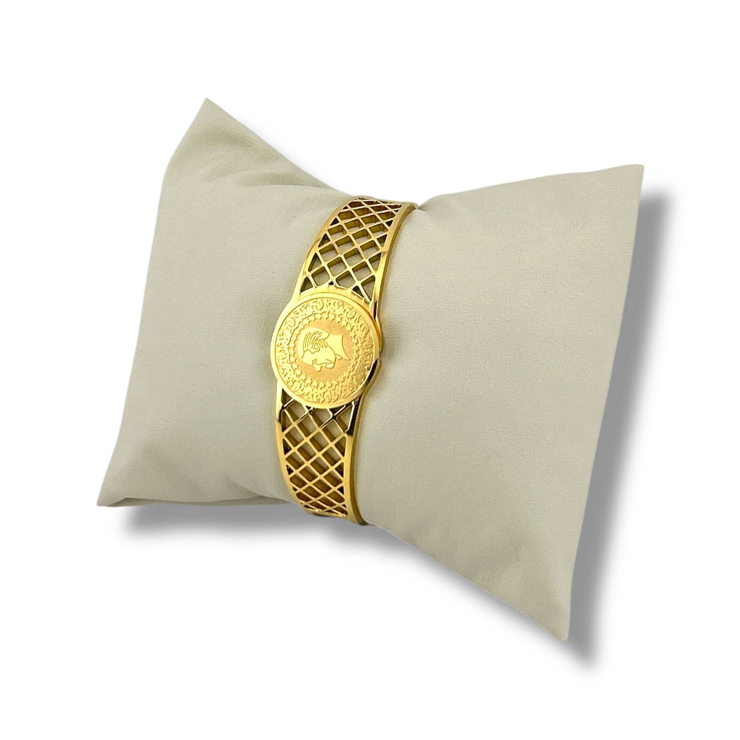 Gold Coin Medallion Bangle – Vintage Lattice Design Bracelet