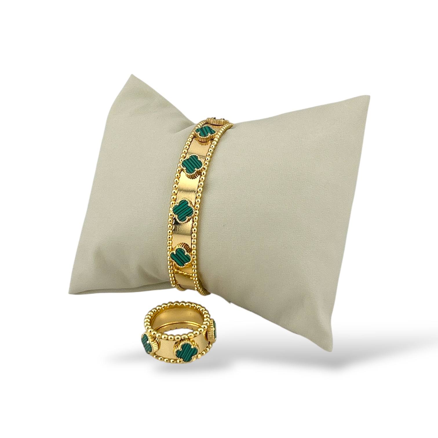 Gold & Green Clover Bracelet & Ring Set – Lucky Charm Jewelry Duo