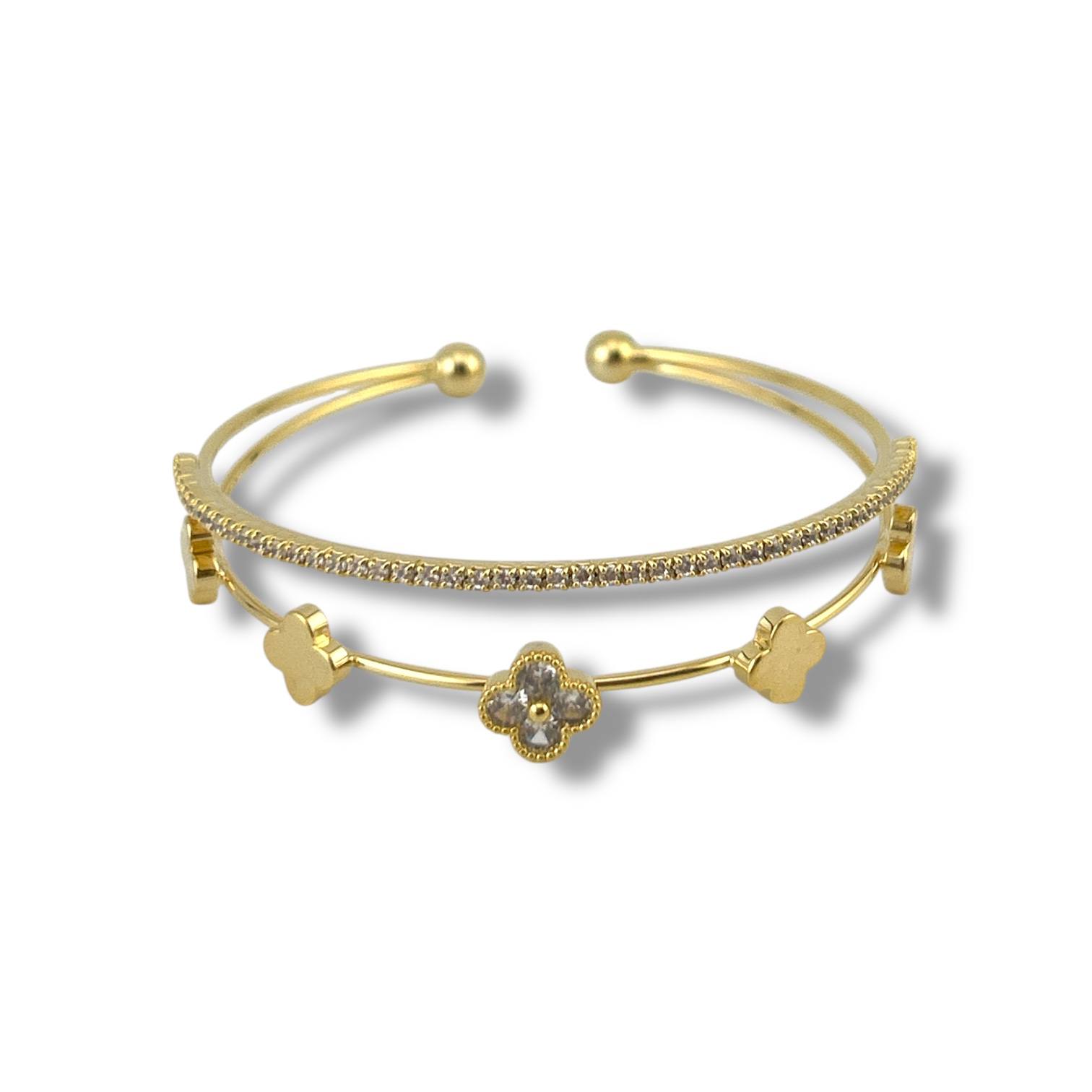 Gold Clover Double Band Cuff – Crystal Accent Open Bracelet