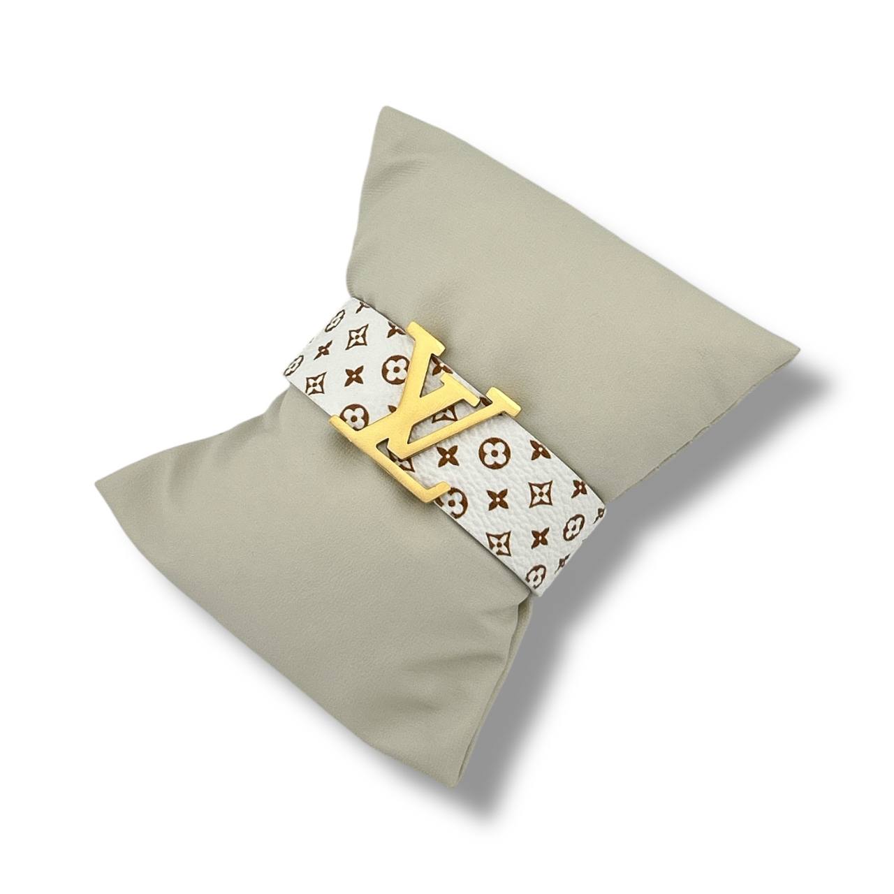 🤍 White Monogram Leather Bracelet with Gold Buckle | Unisex Statement Accessory