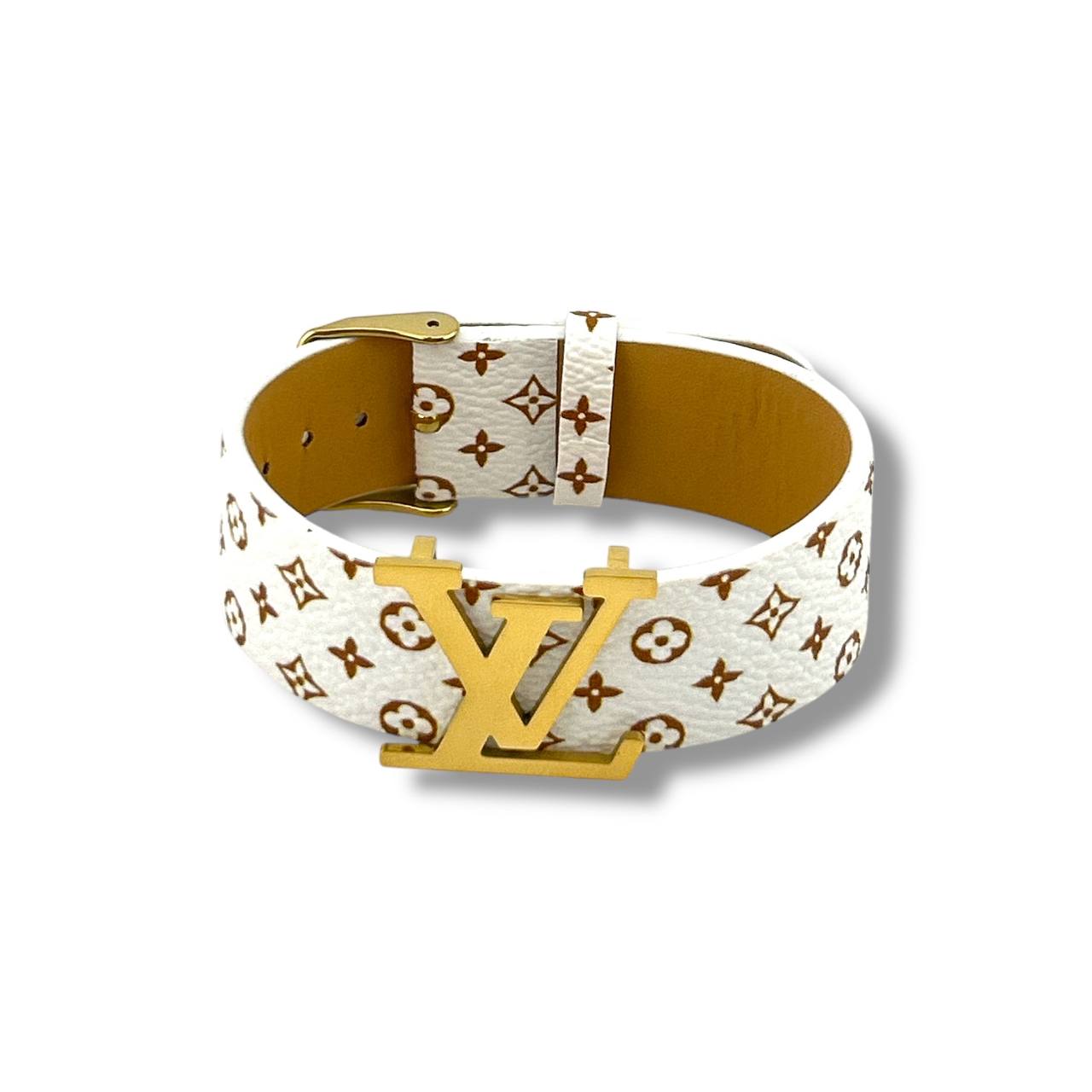 🤍 White Monogram Leather Bracelet with Gold Buckle | Unisex Statement Accessory
