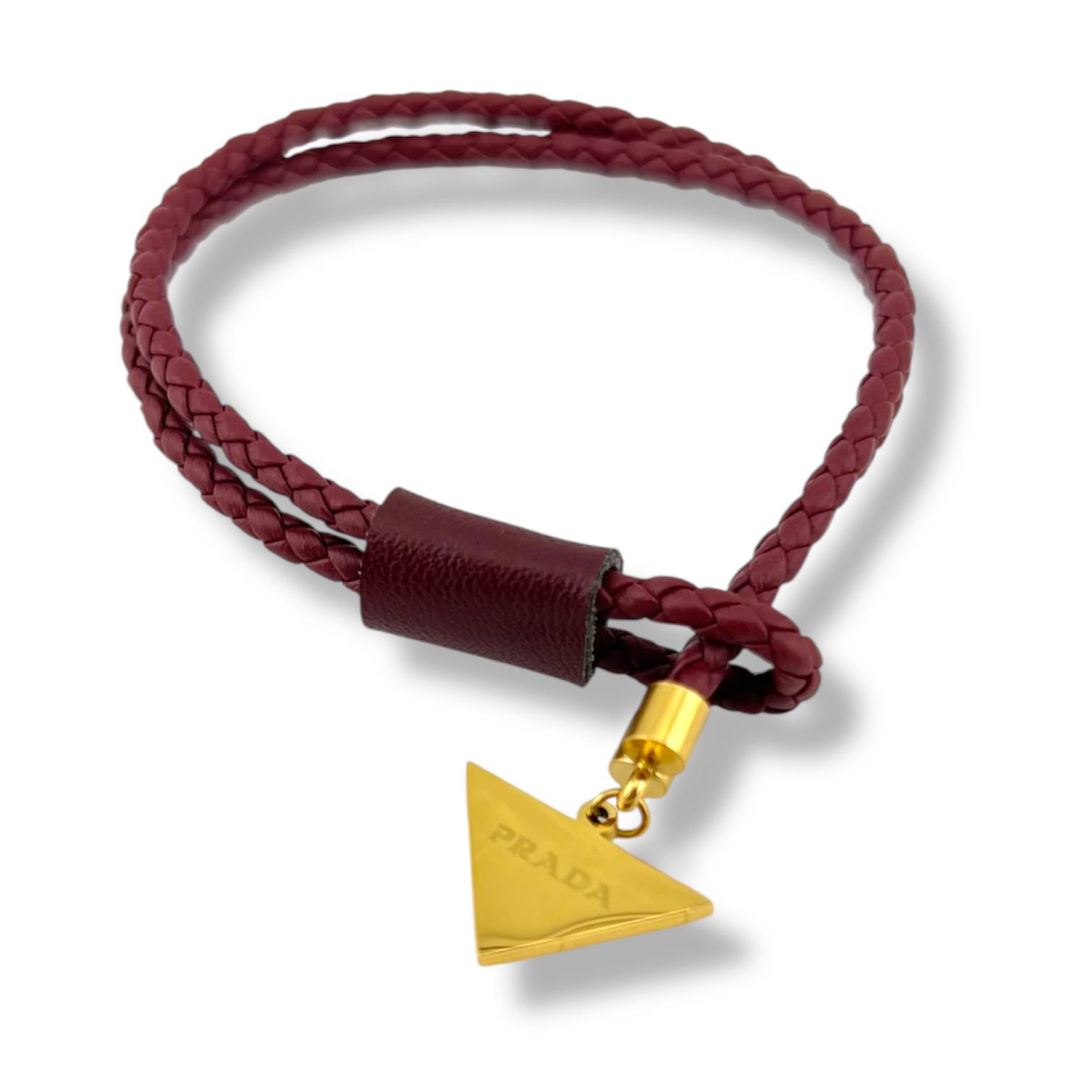 raided Leather Bracelet with Gold Prada Charm | Unisex Fashion Accessory