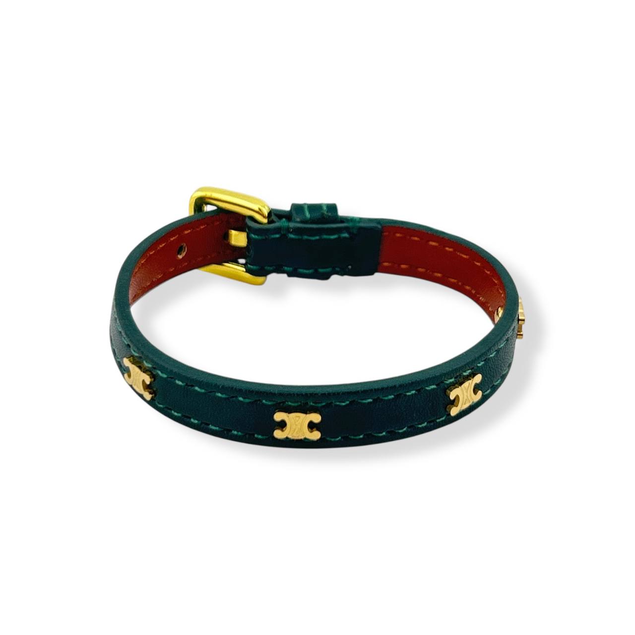 Celine Emerald Green Leather Bracelet with Gold Accents ✨