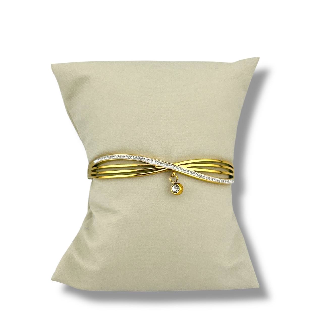 Twist Elegance Bangle with Crystal Charm – Gold & Silver