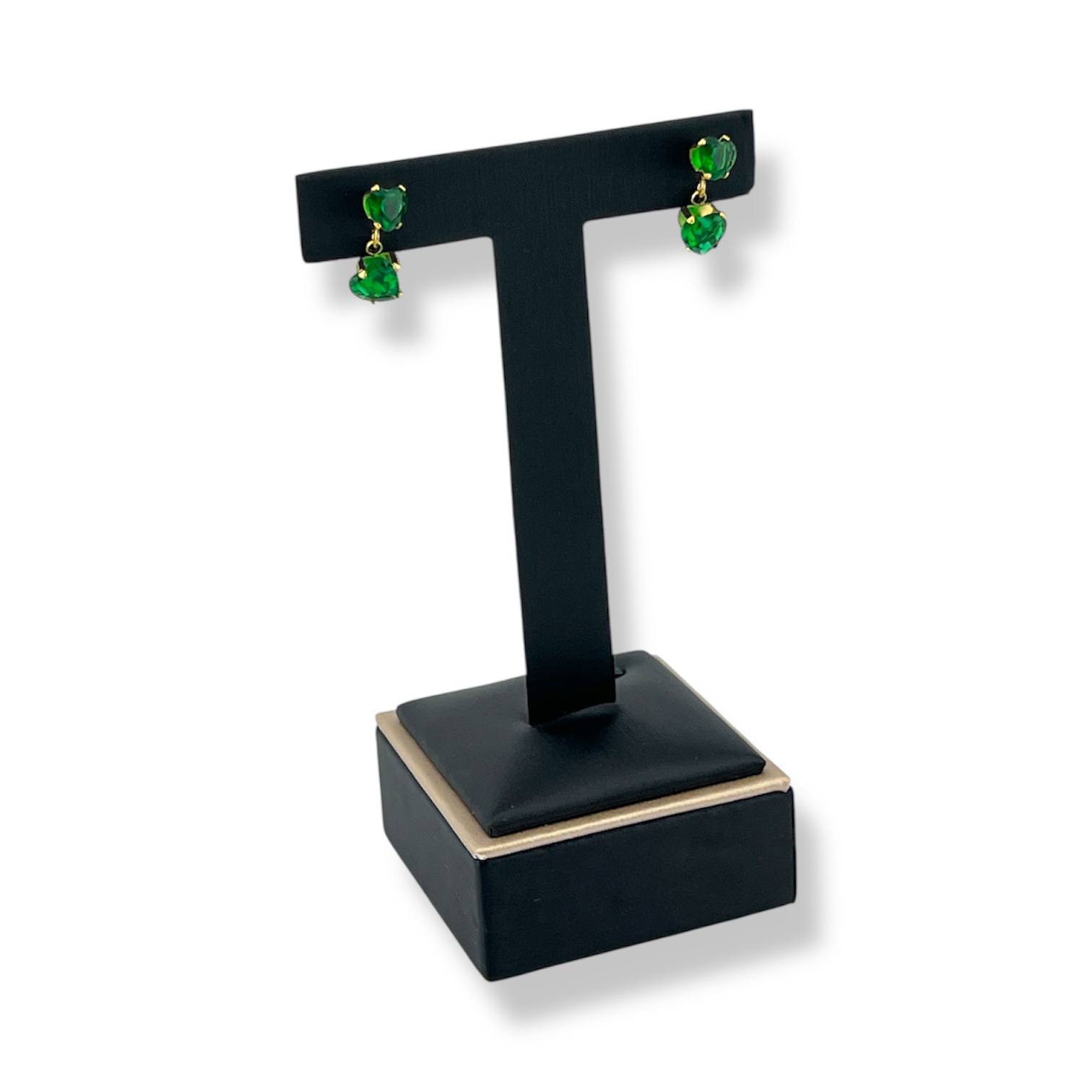 Double Heart Drop Earrings – White & Green