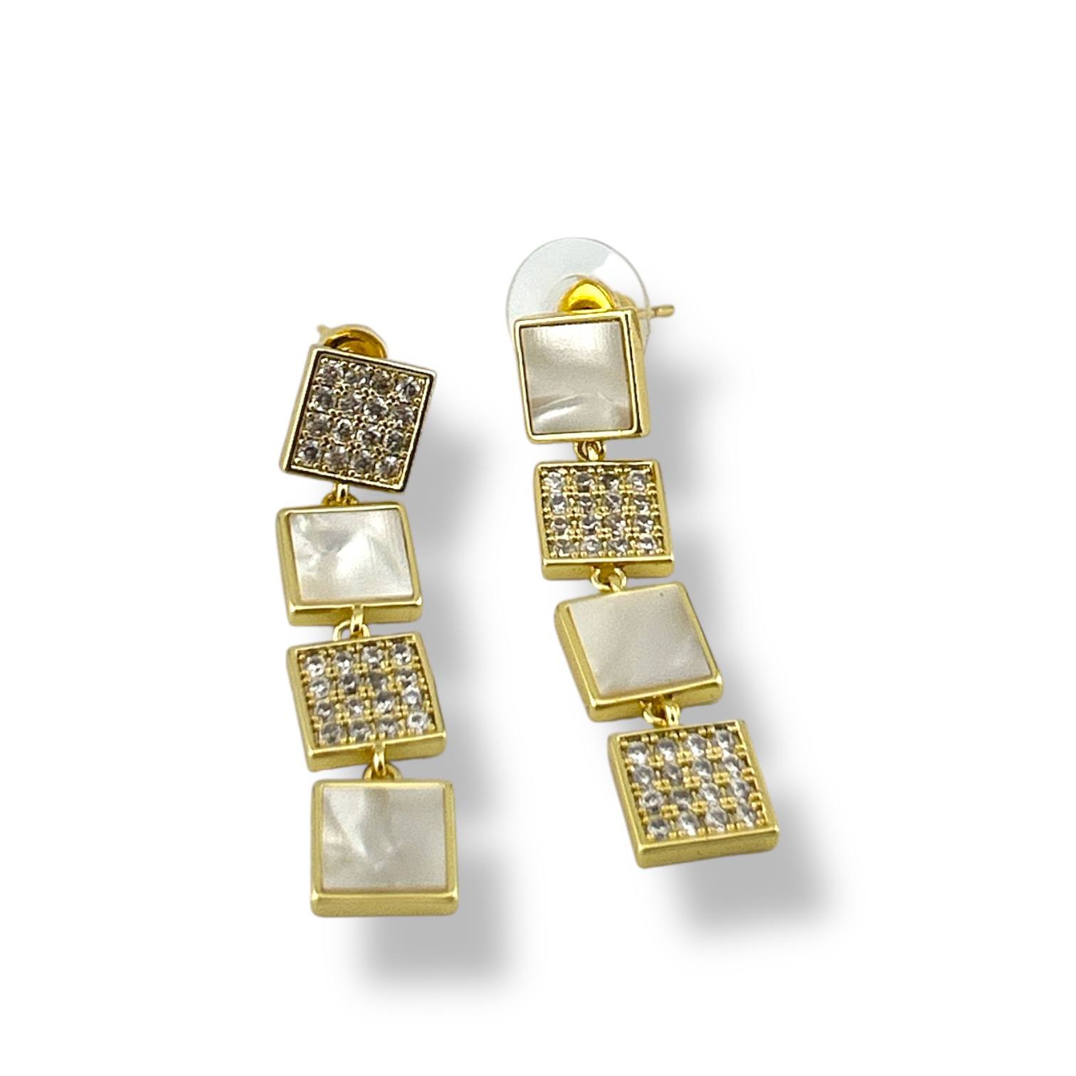 Geometric Glam Square Drop Earrings – Gold & White