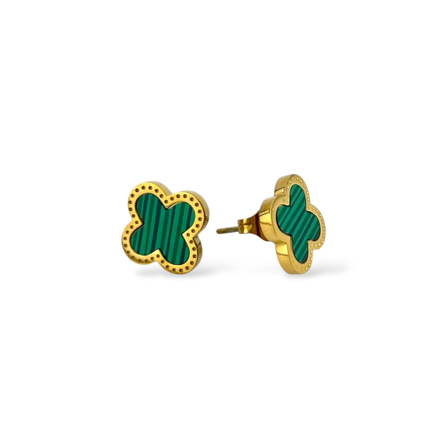 green Clover Stud Earrings – Gold & Green