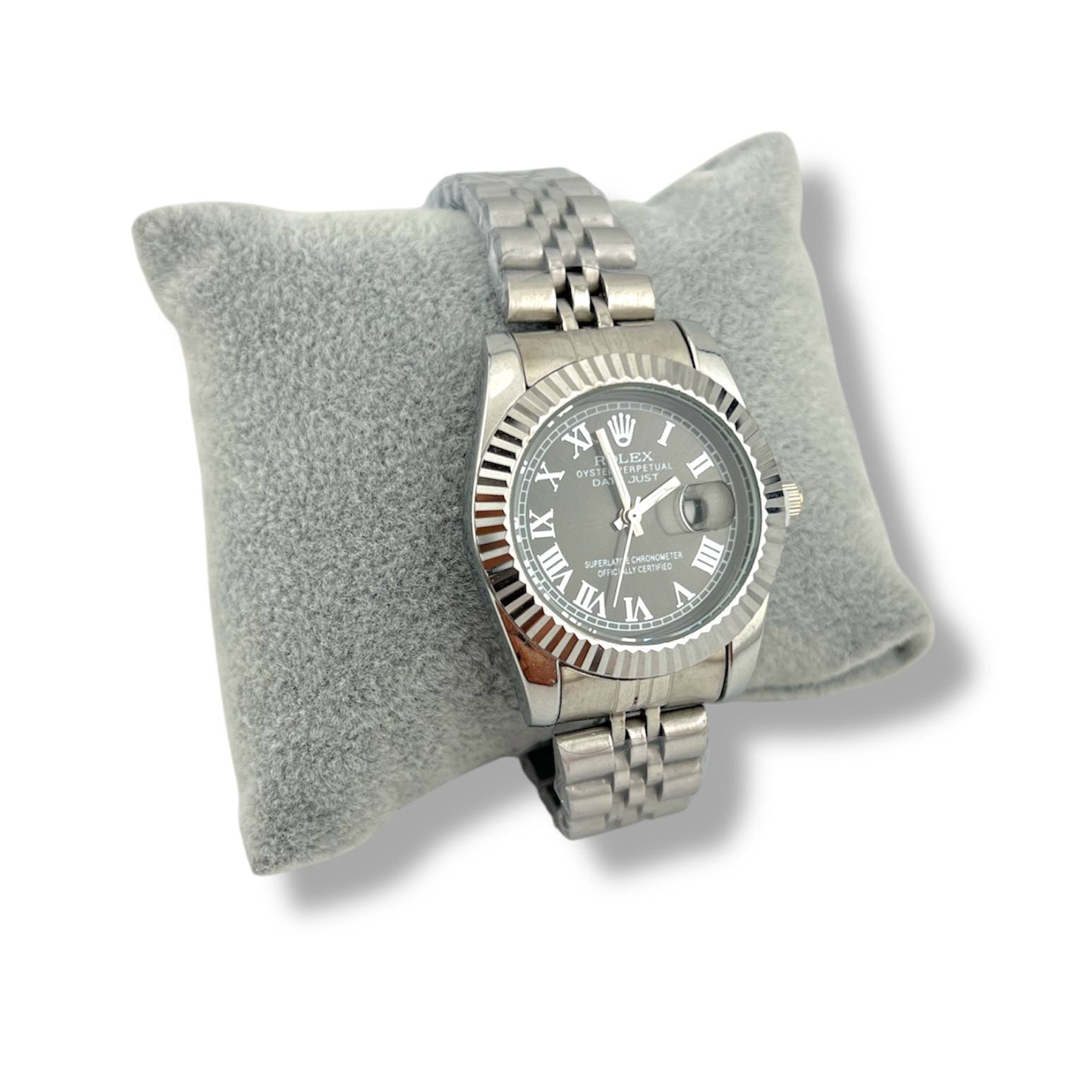 Silver Elegance Women’s Watch – Black Roman Dial