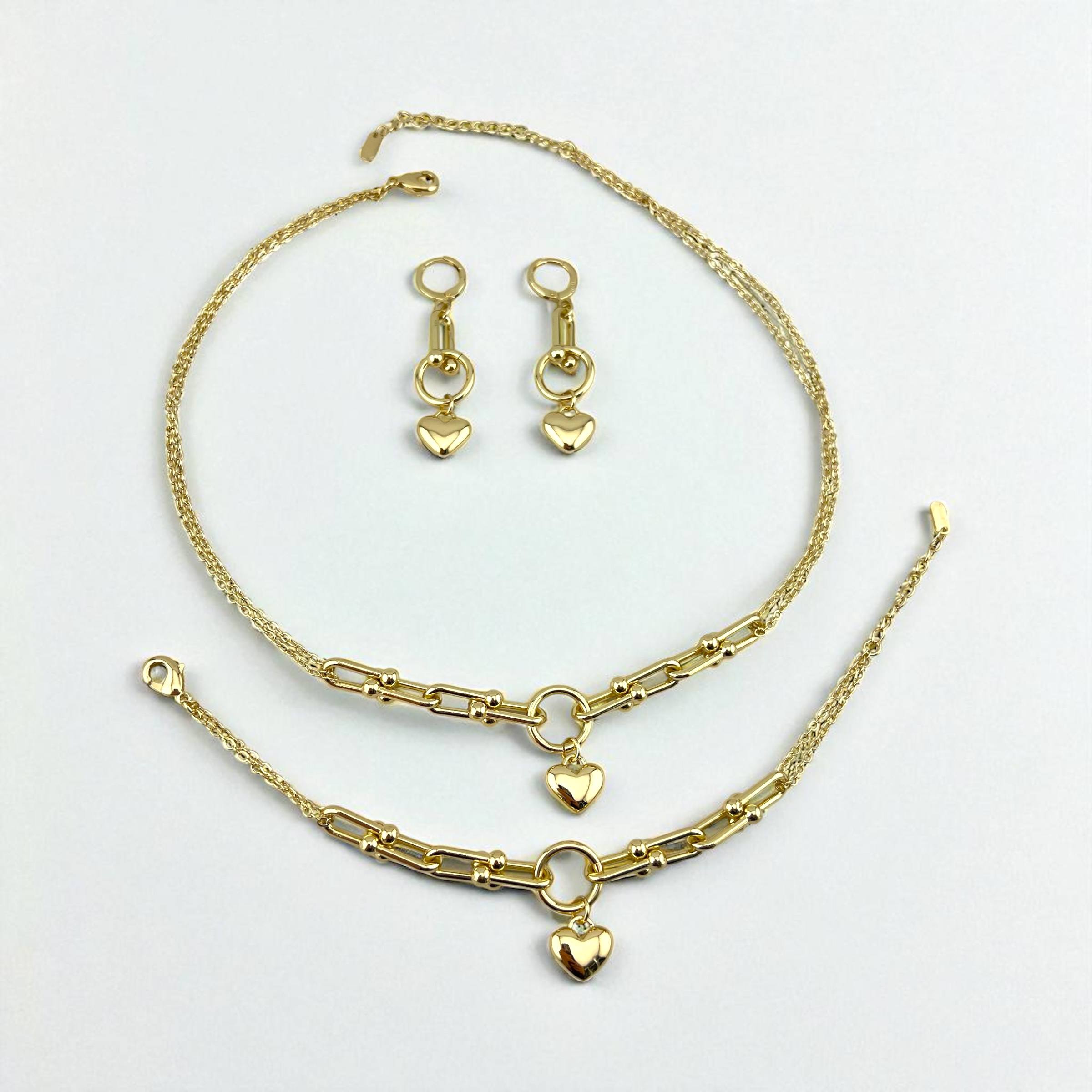 Golden Heart Charm Jewelry Set – Necklace, Bracelet & Earrings