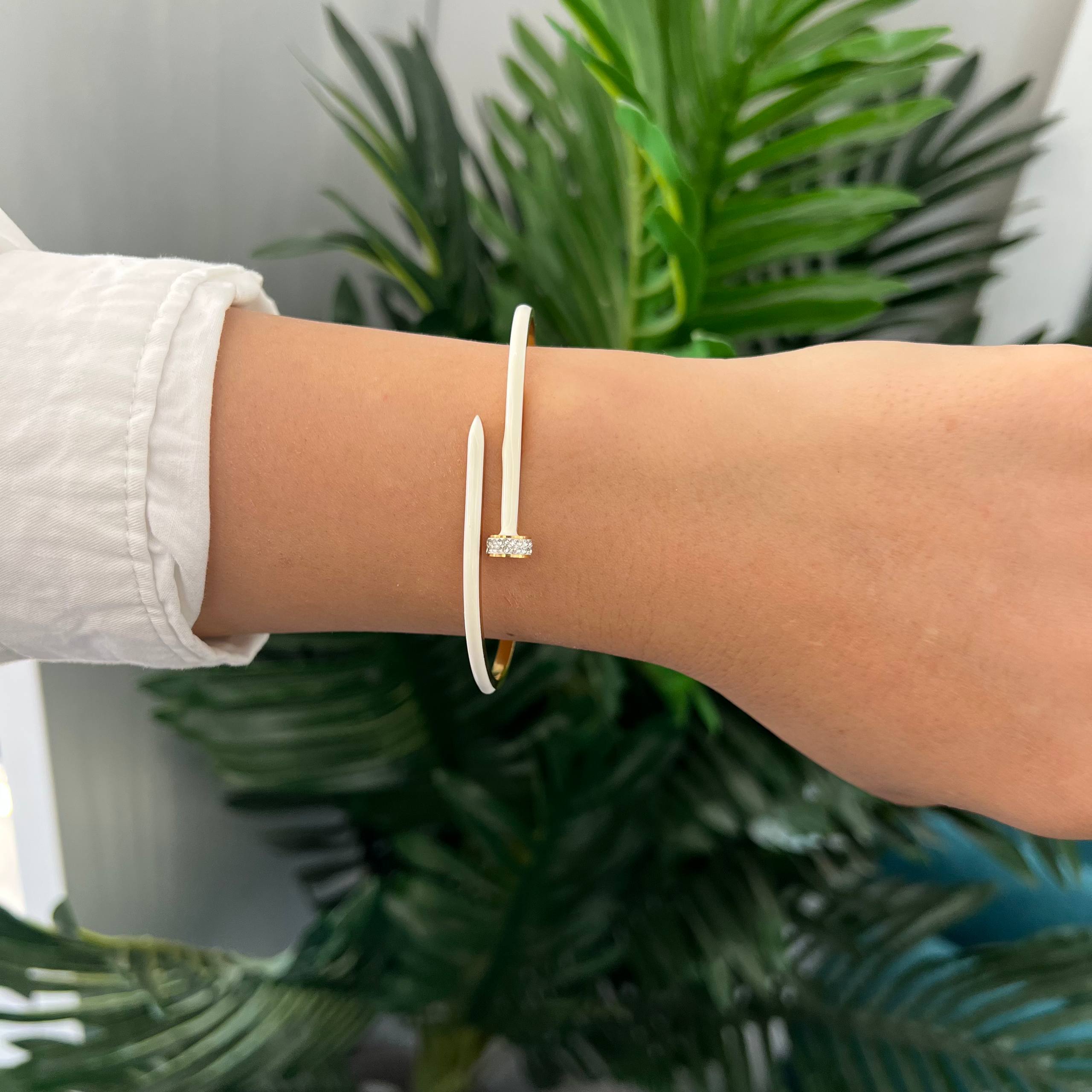 Nail-Inspired White & Gold Bracelet with Crystal Accent