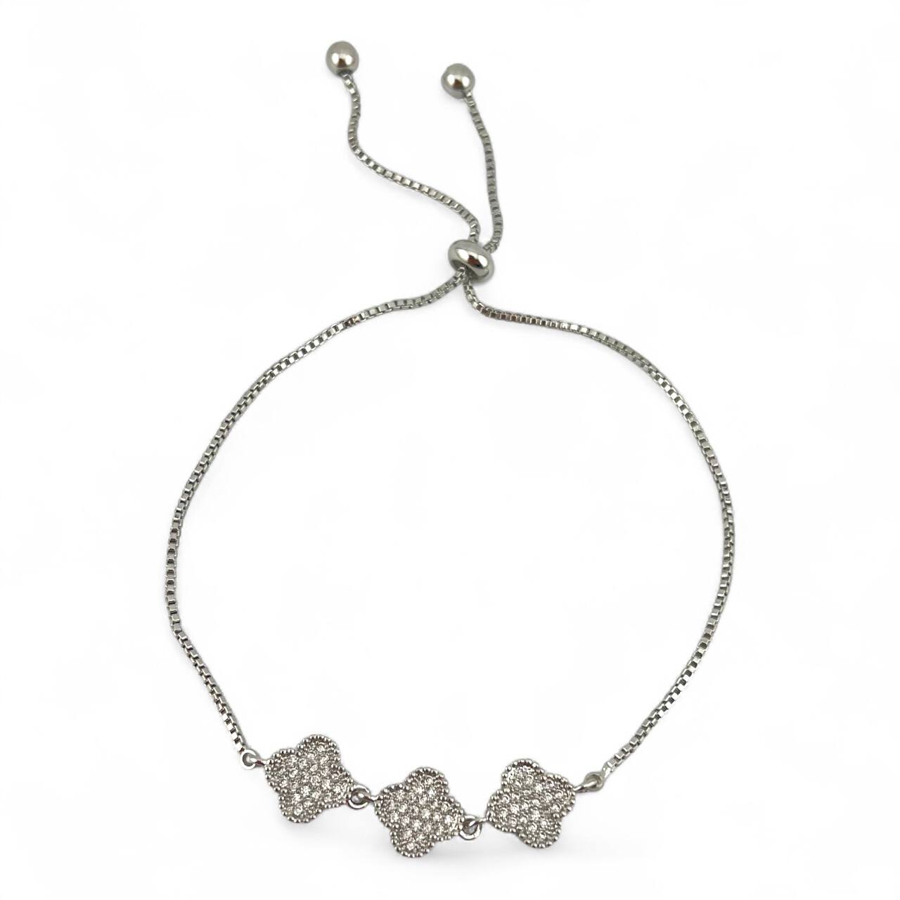 Vancleef Silver-Plated Clover Charm Bracelet with Pave Crystals