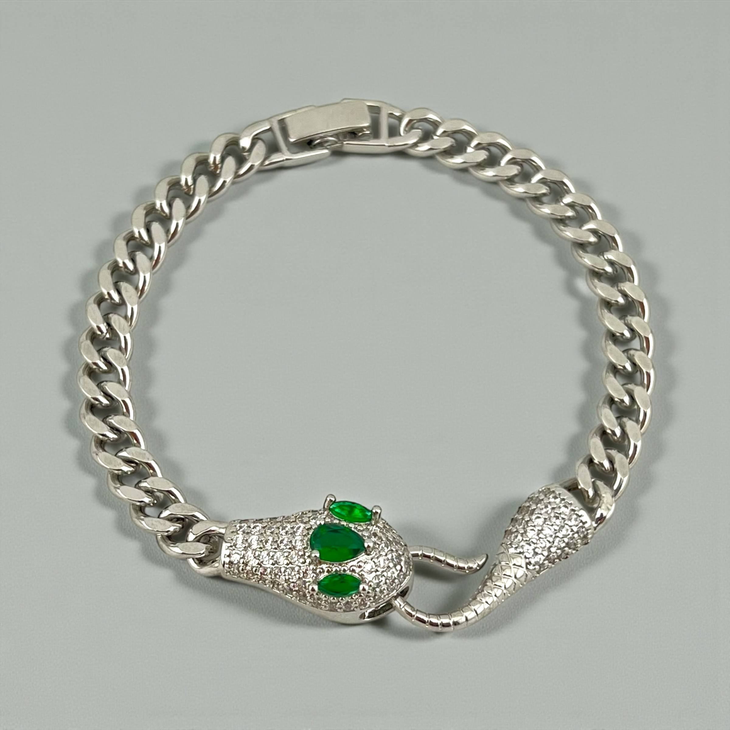 Silver Snake Head Bracelet with Emerald Accents ✨