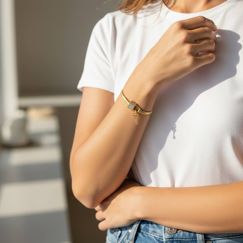 Gold Snake Chain Lock & Key Bracelet 🔑