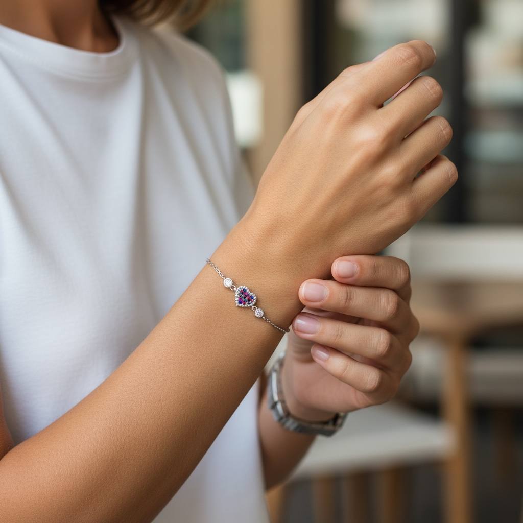silver 925 Rainbow Heart Crystal Bracelet ✨