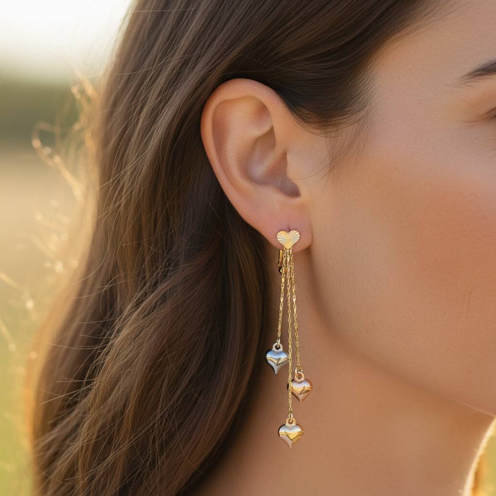 💖 Triple Heart Drop Earrings – Gold, Silver & Rose Gold Plated