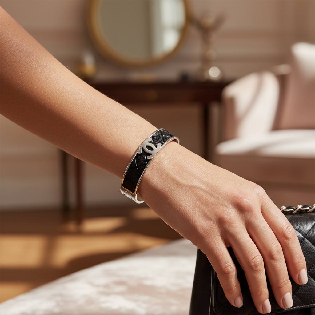 Chanel-Inspired Silver & Black Quilted Bangle | Timeless Elegance