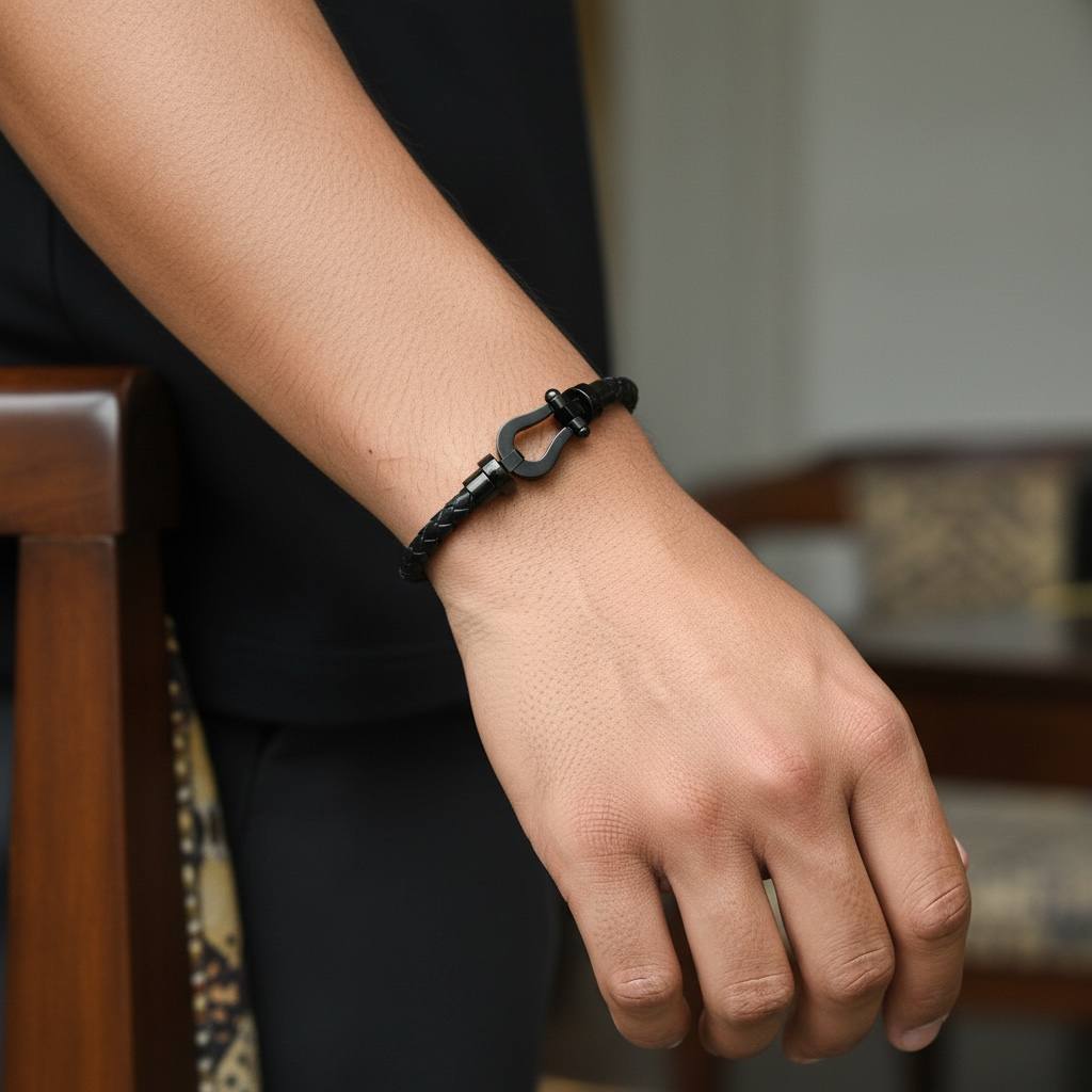 ⚓ Black Clasp Braided Leather Bracelet – Matte Steel Edition