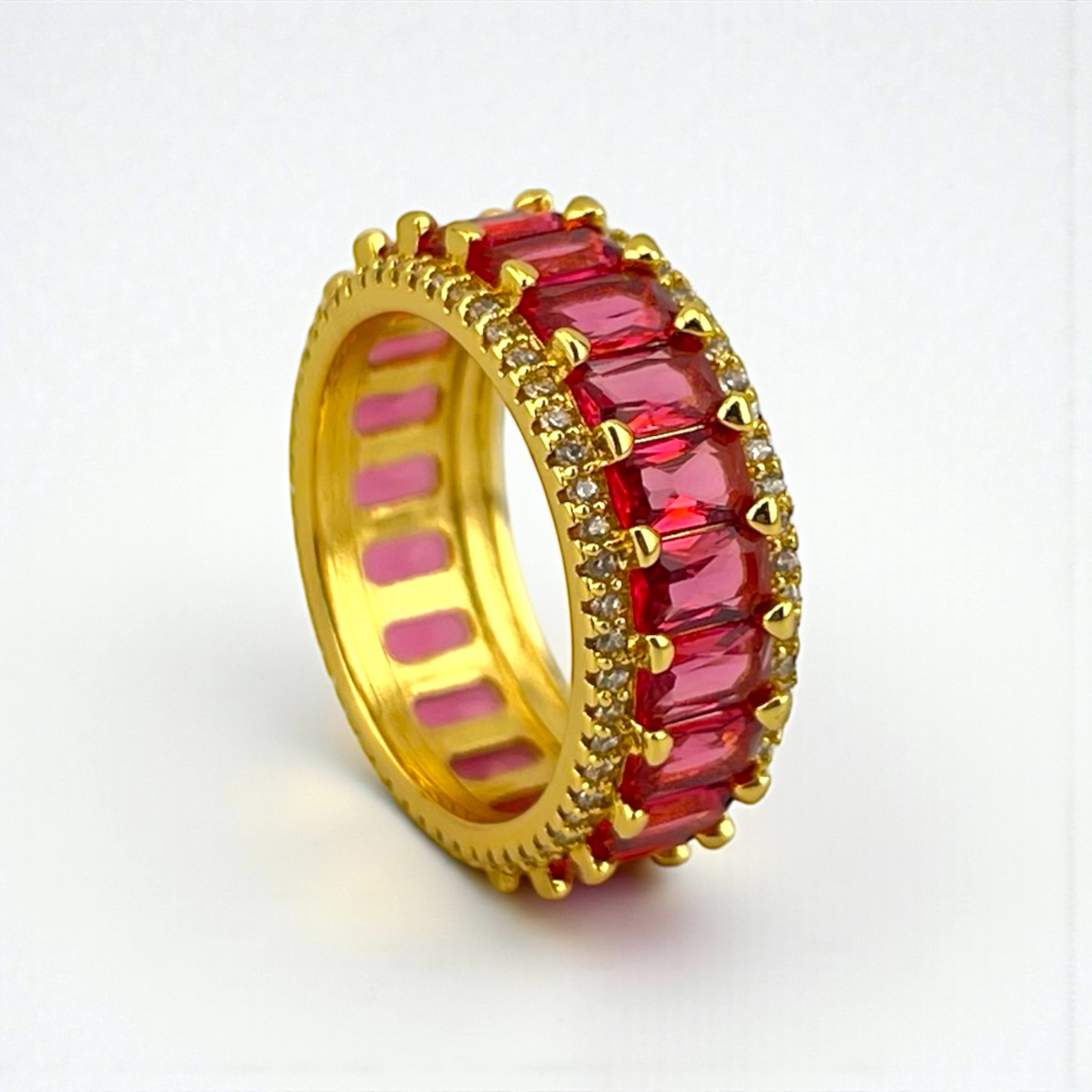 colored Crimson Radiance Ring – Gold-Plated with Ruby-Hued Baguettes