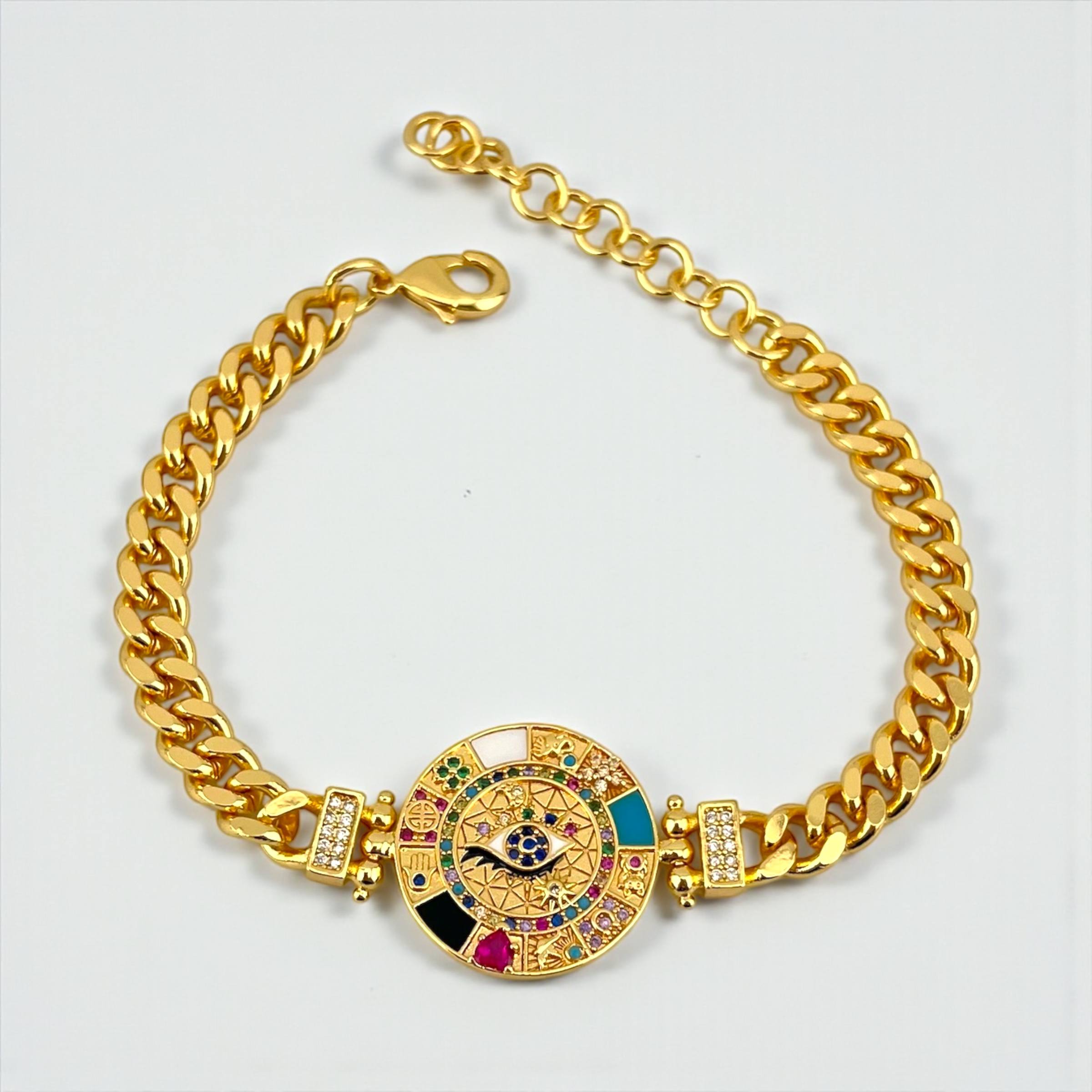 Egyptian eye bracelet– Gold-Plated Evil Eye & Zodiac Medallion