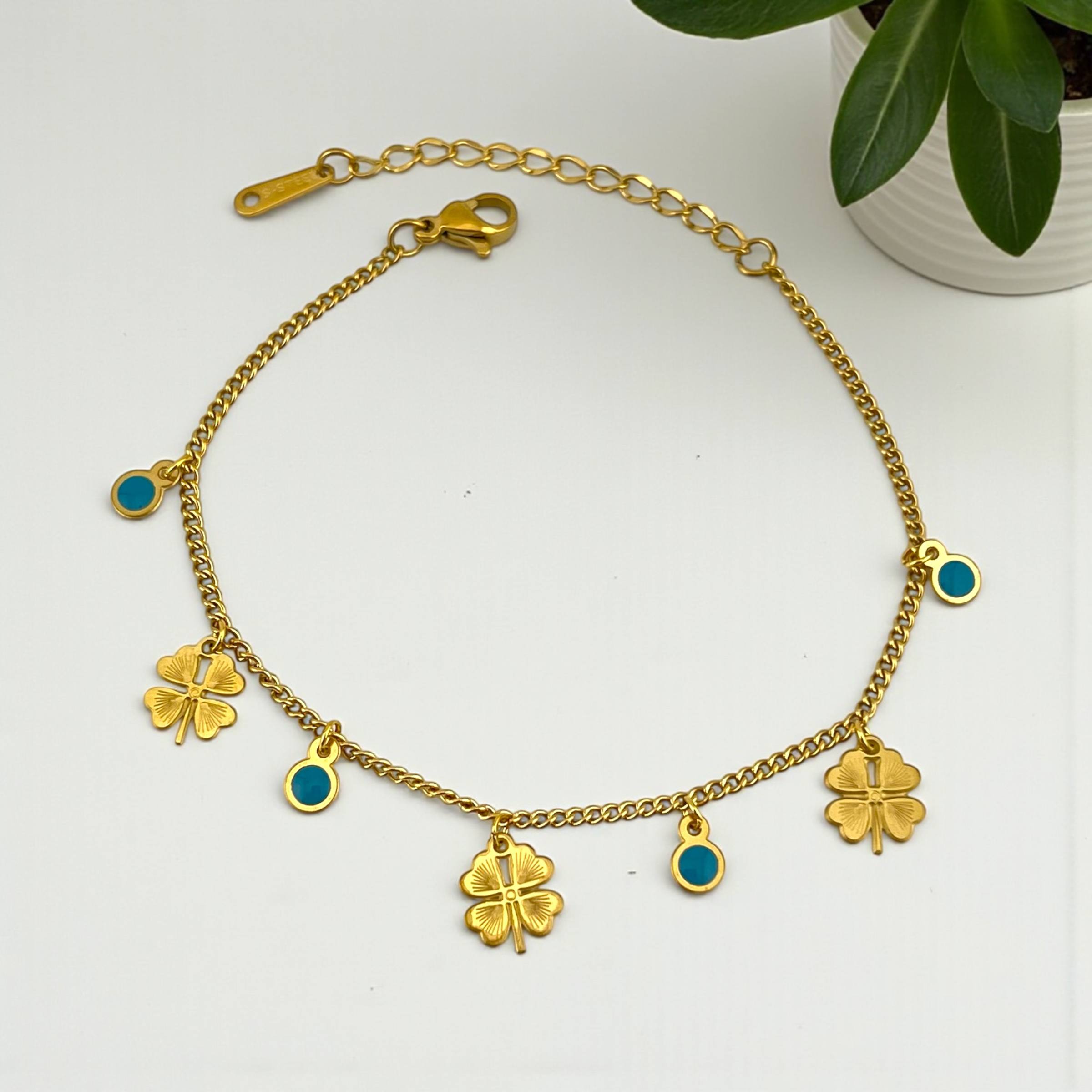 Clover Charm Bracelet – Lucky Four-Leaf with Turquoise Accents