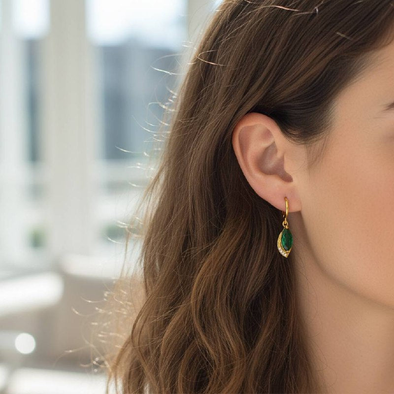 Emerald Drop Hoop Earrings – 18K Gold-Plated Luxury ✨