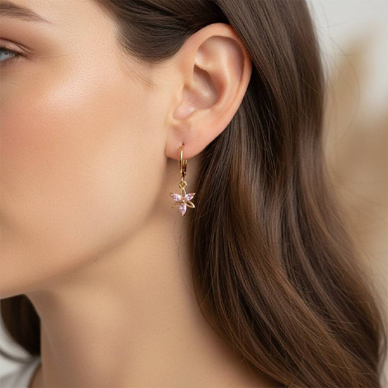 Pink Blossom Drop Hoop Earrings – 18K Gold-Plated ✨